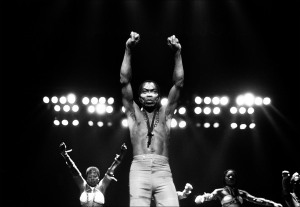 DETROIT - NOVEMBER7 7:  Musician Fela Kuti performs at Orchestra Hall in Detroit, Michigan, on November 7, 1986 in Detroit, Michigan. (Photo by Leni Sinclair/Michael Ochs Archives/Getty Images)